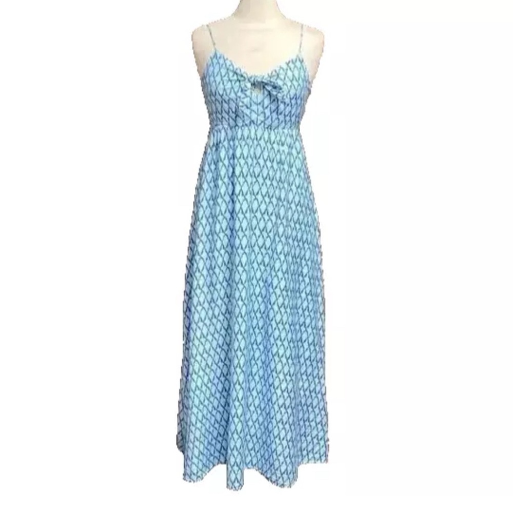 Vineyard Vines Lattice Print Tie Front Silk Blend Maxi Dress Lattice Blue Size 4